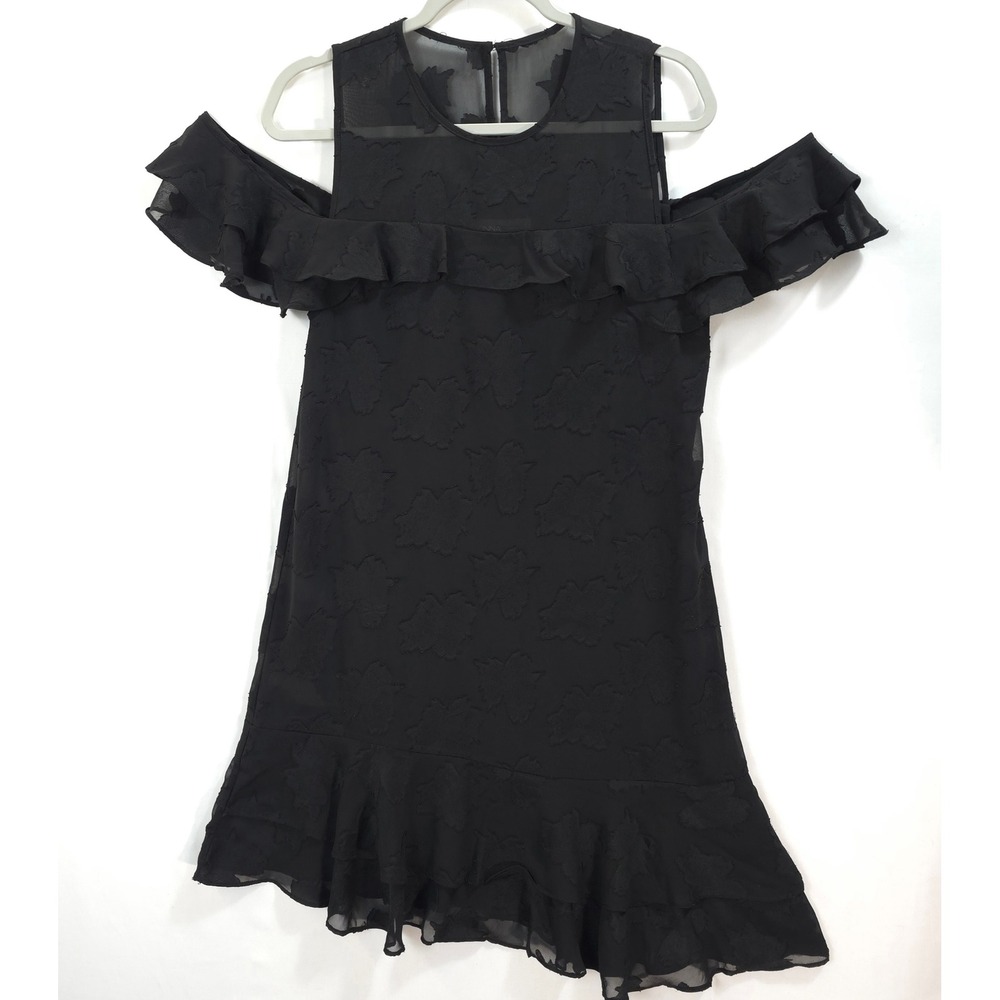 Donna Ricco Ruffle Floral‎ Burnout Cold Shoulder Asymmetrical Dress 10 Black